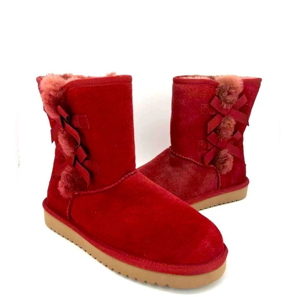 UGG - Koolaburra Victoria Red Sheepskin And Red Suede With Bows Short Boot SZ 6 - Picture 1 of 15